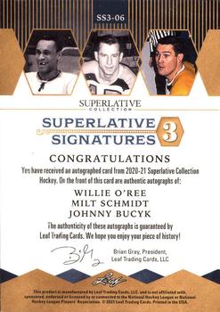 2021 Leaf Superlative - Superlative Signatures 3 Purple #SS3-06 Willie O'Ree / Milt Schmidt / Johnny Bucyk Back