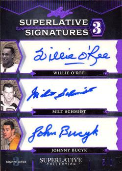 2021 Leaf Superlative - Superlative Signatures 3 Purple #SS3-06 Willie O'Ree / Milt Schmidt / Johnny Bucyk Front