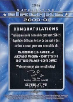 2021 Leaf Superlative - Superlative Streaks Red #STR-05 Martin Brodeur / Patrik Elias / Alexander Mogilny / Scott Stevens / Scott Niedermayer / Scott Gomez Back