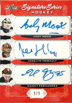 2021-22 Leaf Signature Series - Triple Signatures - Red #SST-04 Andy Moog / Jocelyn Thibault / Manny Fernandez Front