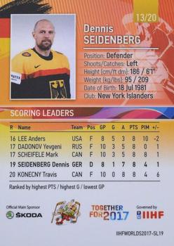 2017 BY Cards IIHF World Championship: Scoring Leaders #SL19 Dennis Seidenberg Back