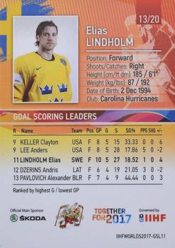 2017 BY Cards IIHF World Championship: Goal Scoring Leaders #GSL11 Elias Lindholm Back