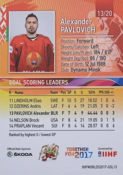 2017 BY Cards IIHF World Championship: Goal Scoring Leaders #GSL13 Alexander Pavlovich Back