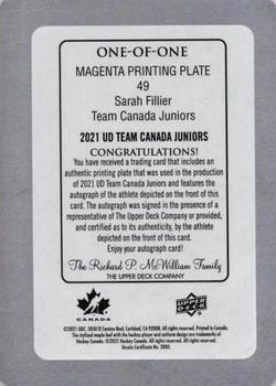 2021-22 Upper Deck Team Canada Juniors - Printing Plates Magenta #49 Sarah Fillier Back