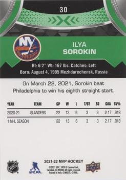 2021-22 Upper Deck MVP - Green Script #30 Ilya Sorokin Back