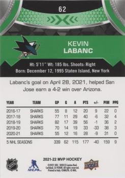 2021-22 Upper Deck MVP - Green Script #62 Kevin Labanc Back
