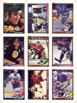 1991-92 Topps - Topps/Bowman Pre-Production Sample Sheet #NNO Mario Lemieux / Wayne Gretzky / Joe Sakic / Ray Bourque / Ed Belfour / Mark Messier / Pat LaFontaine / Steve Yzerman / Brett Hull Front