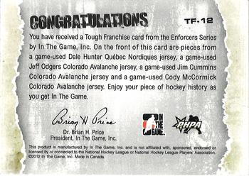 2015-16 In The Game Final Vault - 2011-12 In The Game Enforcers Tough Franchise Quad Game Used Jerseys Black (Green Vault Stamp) #TF-12 Dale Hunter / Jeff Odgers / Jim Cummins / Cody McCormick Back