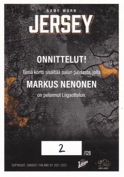 2021-22 Cardset Finland - Game Worn Jersey Series 2 Exchange #GWJ1 Markus Nenonen Back