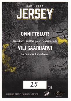 2021-22 Cardset Finland - Game Worn Jersey Series 2 Exchange #GWJ5 Vili Saarijärvi Back