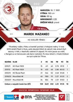 2021-22 SportZoo Tipsport ELH #002 Marek Mazanec Back