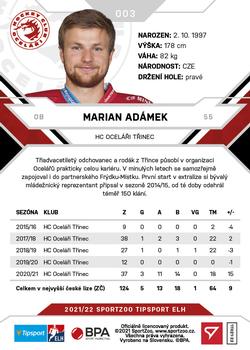 2021-22 SportZoo Tipsport ELH #003 Marian Adamek Back