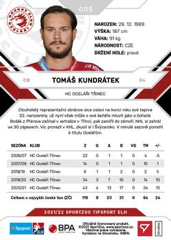 2021-22 SportZoo Tipsport ELH #005 Tomas Kundratek Back
