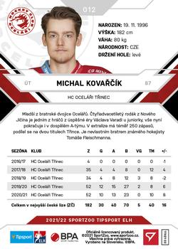 2021-22 SportZoo Tipsport ELH #012 Michal Kovarcik Back