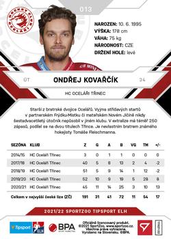 2021-22 SportZoo Tipsport ELH #013 Ondrej Kovarcik Back