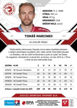 2021-22 SportZoo Tipsport ELH #014 Tomas Marcinko Back