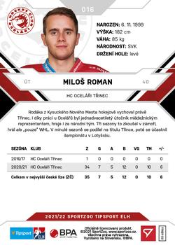 2021-22 SportZoo Tipsport ELH #016 Milos Roman Back