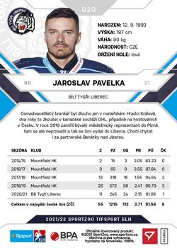 2021-22 SportZoo Tipsport ELH #020 Jaroslav Pavelka Back