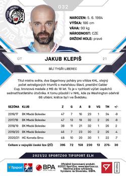 2021-22 SportZoo Tipsport ELH #032 Jakub Klepis Back
