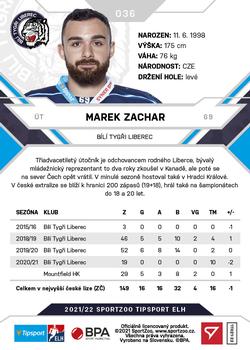 2021-22 SportZoo Tipsport ELH #036 Marek Zachar Back
