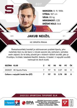 2021-22 SportZoo Tipsport ELH #037 Jakub Neuzil Back