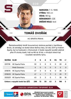 2021-22 SportZoo Tipsport ELH #039 Tomas Dvorak Back