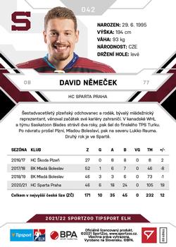 2021-22 SportZoo Tipsport ELH #042 David Nemecek Back