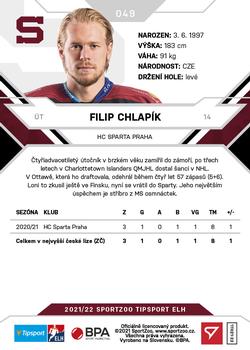 2021-22 SportZoo Tipsport ELH #049 Filip Chlapik Back