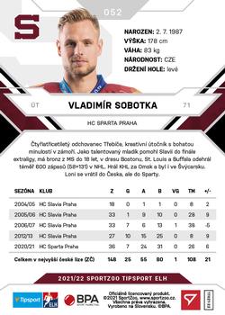 2021-22 SportZoo Tipsport ELH #052 Vladimir Sobotka Back