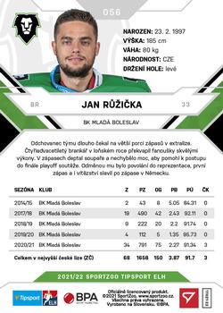 2021-22 SportZoo Tipsport ELH #056 Jan Ruzicka Back