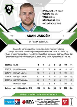 2021-22 SportZoo Tipsport ELH #058 Adam Janosik Back