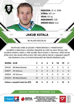 2021-22 SportZoo Tipsport ELH #068 Jakub Kotala Back