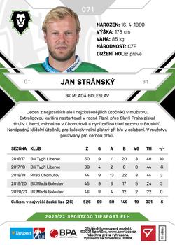 2021-22 SportZoo Tipsport ELH #071 Jan Stransky Back