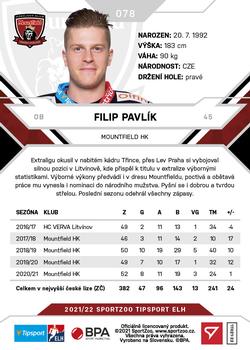 2021-22 SportZoo Tipsport ELH #078 Filip Pavlik Back