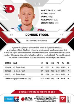 2021-22 SportZoo Tipsport ELH #091 Dominik Frodl Back
