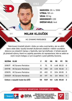 2021-22 SportZoo Tipsport ELH #092 Milan Kloucek Back