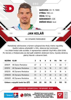 2021-22 SportZoo Tipsport ELH #093 Jan Kolar Back