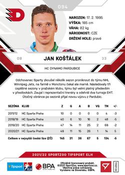 2021-22 SportZoo Tipsport ELH #094 Jan Kostalek Back