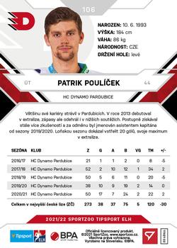 2021-22 SportZoo Tipsport ELH #106 Patrik Poulicek Back