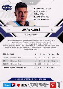 2021-22 SportZoo Tipsport ELH #109 Lukas Klimes Back