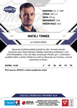2021-22 SportZoo Tipsport ELH #110 Matej Tomek Back