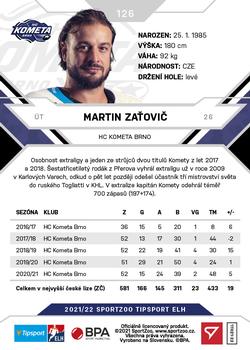 2021-22 SportZoo Tipsport ELH #126 Martin Zatovic Back