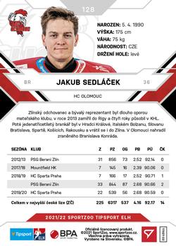 2021-22 SportZoo Tipsport ELH #128 Jakub Sedlacek Back
