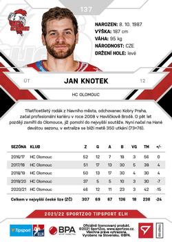 2021-22 SportZoo Tipsport ELH #137 Jan Knotek Back