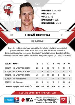 2021-22 SportZoo Tipsport ELH #140 Lukas Kucsera Back