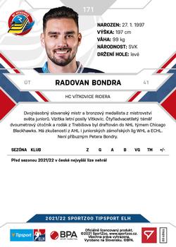 2021-22 SportZoo Tipsport ELH #171 Radovan Bondra Back