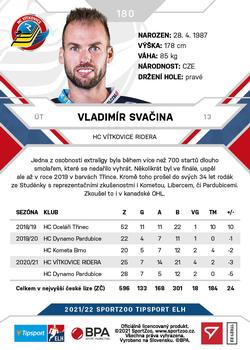 2021-22 SportZoo Tipsport ELH #180 Vladimir Svacina Back