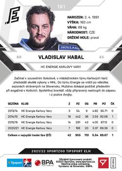 2021-22 SportZoo Tipsport ELH #181 Vladislav Habal Back