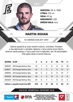 2021-22 SportZoo Tipsport ELH #189 Martin Rohan Back