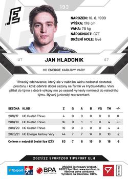 2021-22 SportZoo Tipsport ELH #193 Jan Hladonik Back